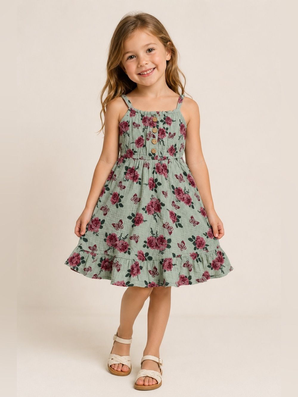 Girl's Emma & Elsa Green Red Faux Button Cotton Layer Dress Size 5